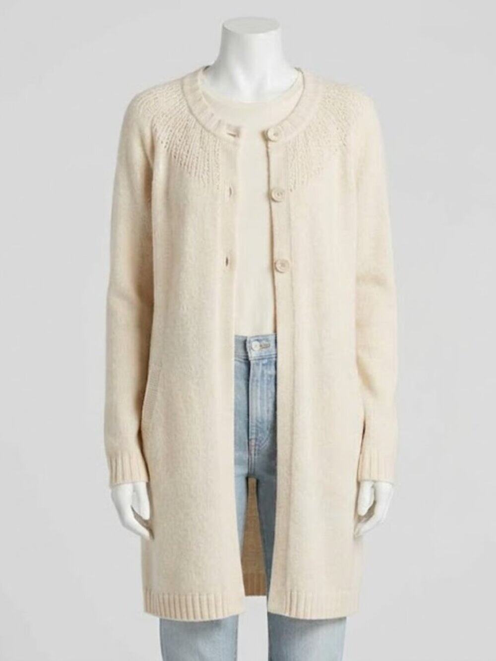 Theory Wool Cashmere Blend Long Cardigan Sweater Cream Button Front S